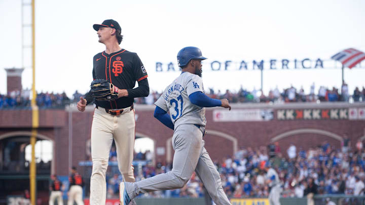 Jun 29, 2024; San Francisco, California, USA; Los Angeles Dodgers outfielder Teoscar Hernández (37) on his way to score against the San Francisco Giants during the eleventh inning at Oracle Park. Mandatory Credit: Ed Szczepanski-Imagn Images