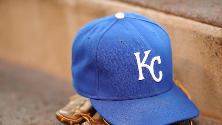 June 10, 2011; Anaheim, CA, USA; Kansas City Royals hat in the dug out prior to the game against the Los Angeles Angels at Angels Stadium. Mandatory Credit: Kelvin Kuo-Imagn Images