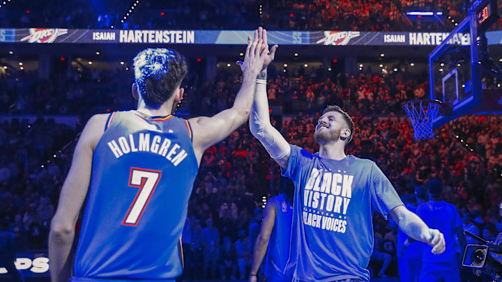Feb 7, 2025; Oklahoma City, Oklahoma, USA; Oklahoma City Thunder center Isaiah Hartenstein (55) high fives forward Chet Holmgren (7) during introductions before the start of a game against the Toronto Raptors during the second half at Paycom Center. Mandatory Credit: Alonzo Adams-Imagn Images