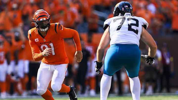 Sep 14, 2025; Cincinnati, Ohio, USA; Cincinnati Bengals defensive end Trey Hendrickson (91) plays the field against Jacksonville Jaguars offensive tackle Walker Little (72) in the second half at Paycor Stadium. Mandatory Credit: Katie Stratman-Imagn Images Sep 14, 2025; Cincinnati, Ohio, USA; Cincinnati Bengals defensive end Trey Hendrickson (91) plays the field against Jacksonville Jaguars offensive tackle Walker Little (72) in the second half at Paycor Stadium. Mandatory Credit: Katie Stratman-Imagn Images