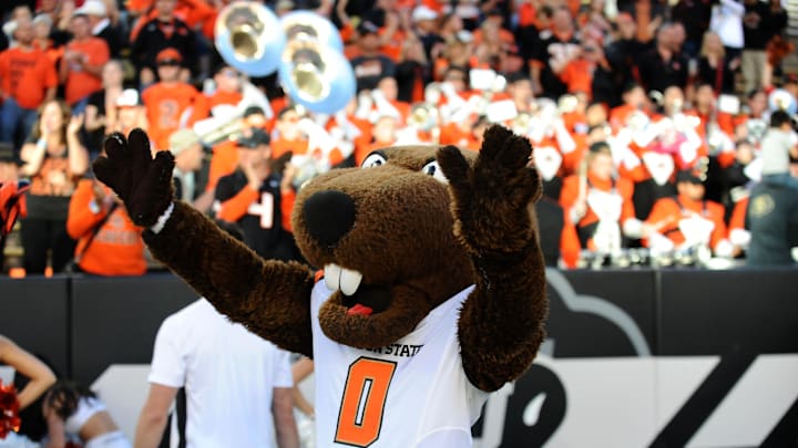 Oct 4, 2014; Boulder, CO, USA; Oregon State Beavers mascot Benny reacts to the win over the Colorado Buffaloes at Folsom Field. The Beavers defeated the Buffaloes 36-31. Mandatory Credit: Ron Chenoy-Imagn Images  