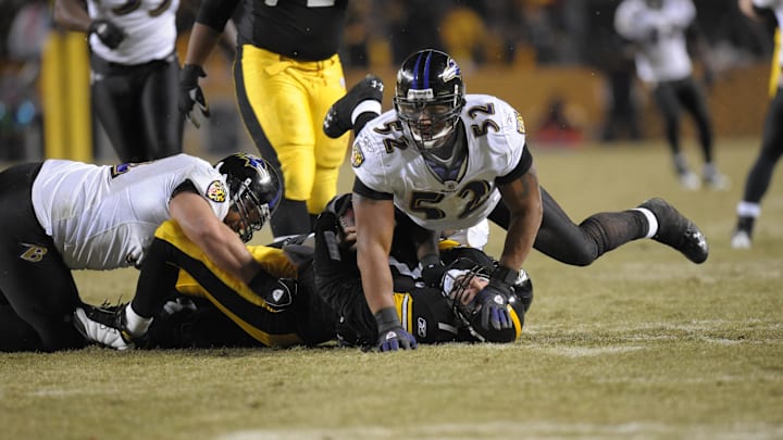 Jan 18, 2009; Pittsburgh, PA, USA; Pittsburgh Steelers quarterback Ben Roethlisberger (7) is pushed into the ground by Baltimore Ravens linebacker Ray Lewis (52) after a sack during the second half of the AFC Championship Game at Heinz Field. Mandatory Credit: Don Wright-Imagn Images Jan 18, 2009; Pittsburgh, PA, USA; Pittsburgh Steelers quarterback Ben Roethlisberger (7) is pushed into the ground by Baltimore Ravens linebacker Ray Lewis (52) after a sack during the second half of the AFC Championship Game at Heinz Field. Mandatory Credit: Don Wright-Imagn Images