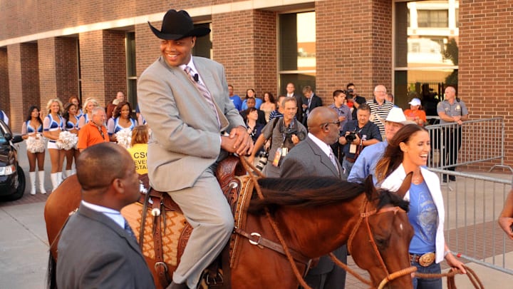 May 31, 2012; Oklahoma City, OK, USA; TNT commentator Charles Barkley rides a horse to the set prior