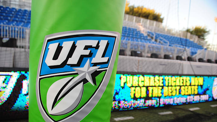 Detailed view of a UFL logo on the goal post padding during the game between the California Redwoods against the Las Vegas Locomotives in the inaugural United Football League game at Sam Boyd Stadium. Las Vegas defeated California 30-17. 