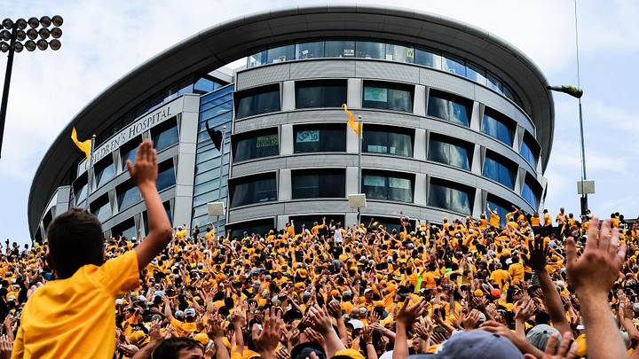 Sep 16, 2017; Iowa City, IA, USA; Iowa Hawkeyes fans wave to the Children's Hospital at the end of the first quarter against the North Texas Mean Green at Kinnick Stadium. Mandatory Credit: Jeffrey Becker-USA TODAY Sports Sep 16, 2017; Iowa City, IA, USA; Iowa Hawkeyes fans wave to the Children's Hospital at the end of the first quarter against the North Texas Mean Green at Kinnick Stadium. Mandatory Credit: Jeffrey Becker-USA TODAY Sports