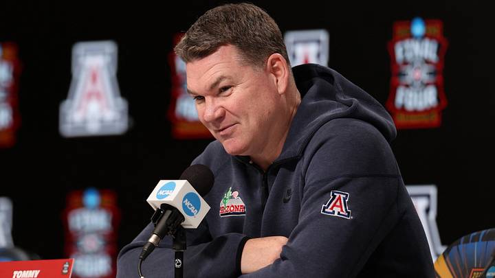 Apr 3, 2026; Indianapolis, IN, USA; Arizona Wildcats head coach Tommy Lloyd speaks during a press conference ahead of the Final Four of the men's 2026 NCAA Tournament at Lucas Oil Stadium. Apr 3, 2026; Indianapolis, IN, USA; Arizona Wildcats head coach Tommy Lloyd speaks during a press conference ahead of the Final Four of the men's 2026 NCAA Tournament at Lucas Oil Stadium.