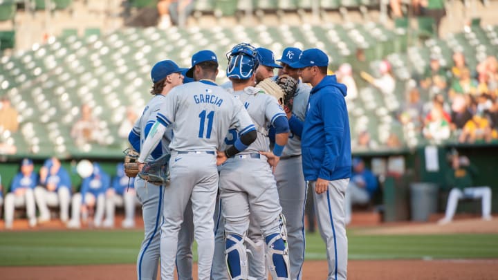 Jun 18, 2024; Oakland, California, USA; Kansas City Royals pitching coach Brian Sweeney (85) visits the mound to speak with the infield players during the third inning against the Oakland Athletics at Oakland-Alameda County Coliseum.