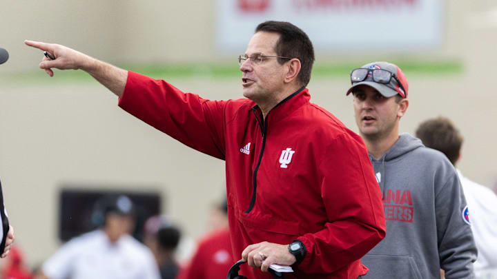 Nov 9, 2024; Bloomington, Indiana, USA; Indiana Hoosiers head coach Curt Cignetti reacts in the game against the Michigan Wolverines  at Memorial Stadium. Mandatory Credit: Trevor Ruszkowski-Imagn Images