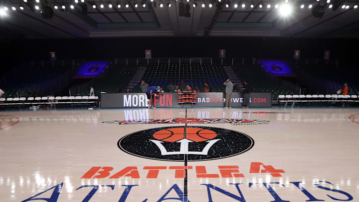 Nov 22, 2017;  Paradise Island, BAHAMAS; Battle 4 Atlantis logo before the game between the Purdue Boilermakers and Tennessee Volunteers in the 2017 Battle 4 Atlantis in Imperial Arena at the Atlantis Resort. Kevin Jairaj-Imagn Images