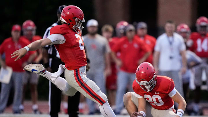 Brentwood Academy's London Bironas (2) kicks a field goal against Brentwood during the first half at Brentwood Academy in Brentwood, Tenn., Friday, Aug. 30, 2024.