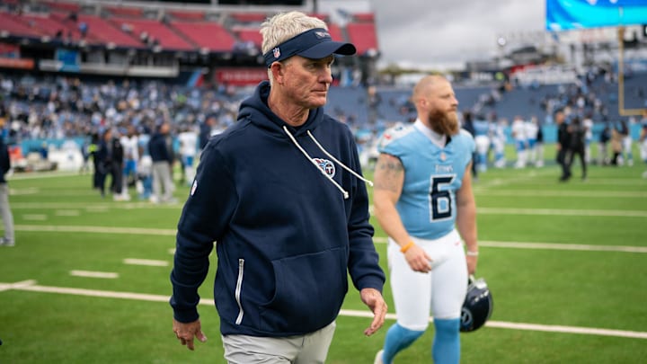 Tennessee Titans interim coach Mike McCoy heads to the locker room after their loss to the Los Angeles Chargers at Nissan Stadium in Nashville, Tenn., Sunday, Nov. 2, 2025.