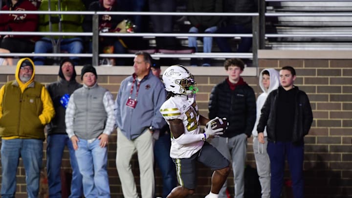 Nov 15, 2025; Chestnut Hill, Massachusetts, USA; Georgia Tech Yellow Jackets wide receiver Jordan Allen (85) scores a touchdown during the second half against the Boston College Eagles at Alumni Stadium. Mandatory Credit: Bob DeChiara-Imagn Images