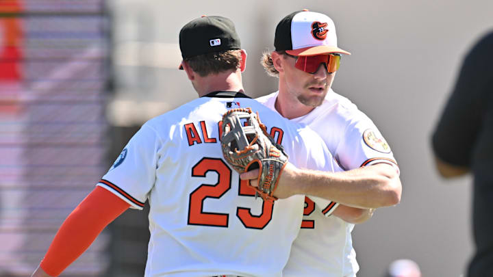 Feb 20, 2026; Sarasota, Florida, USA; Baltimore Orioles first baseman Pete Alonso (25) greets shortstop Gunnar Henderson (2) before the start of the spring training game against the New York Yankees at Ed Smith Stadium. Mandatory Credit: Jonathan Dyer-Imagn Images
