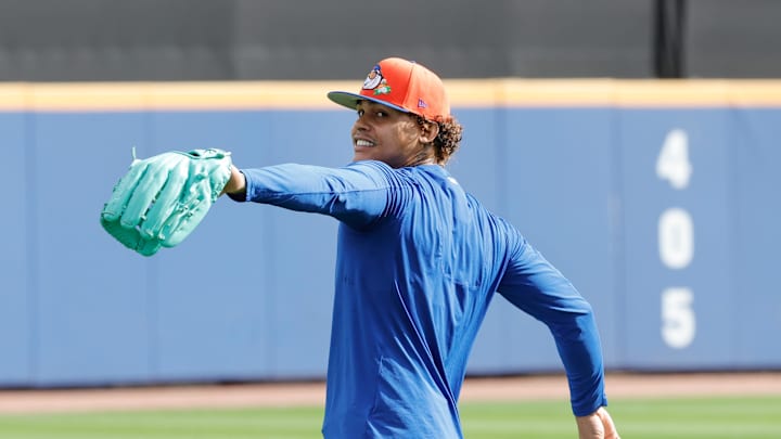 Feb 17, 2026; Port St. Lucie, FL, USA;  New York Mets pitcher Freddy Peralta warms up  (51) during the New York Mets spring training workouts at Clover Park. Mandatory Credit: Reinhold Matay-Imagn Images