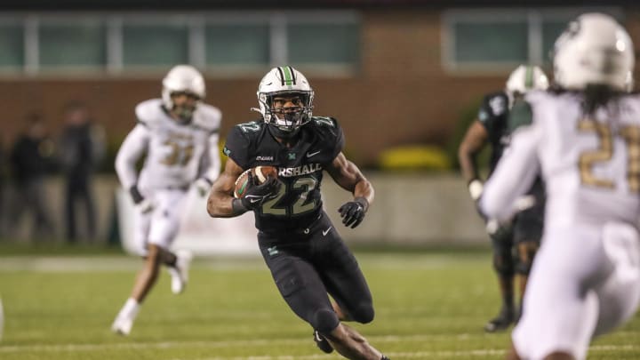 Nov 13, 2021; Huntington, West Virginia, USA; Marshall Thundering Herd running back Rasheen Ali (22) Nov 13, 2021; Huntington, West Virginia, USA; Marshall Thundering Herd running back Rasheen Ali (22)