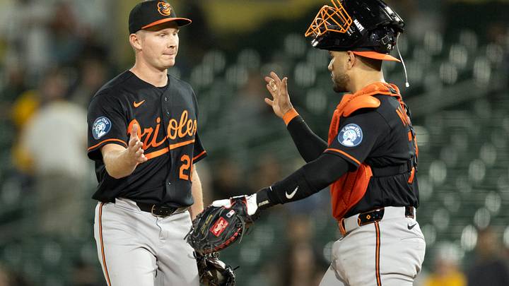 Aug 28, 2026; West Sacramento, California, USA; Baltimore Orioles pitcher Alex Hoppe (26) and catcher Carlos Narvaez (75) celebrate their 4-3 victory over the Athletics in ten innings at Sutter Health Park. Mandatory Credit: D. Ross Cameron-Imagn Images Aug 28, 2026; West Sacramento, California, USA; Baltimore Orioles pitcher Alex Hoppe (26) and catcher Carlos Narvaez (75) celebrate their 4-3 victory over the Athletics in ten innings at Sutter Health Park. Mandatory Credit: D. Ross Cameron-Imagn Images