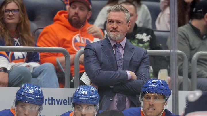 Mar 22, 2026; Elmont, New York, USA; New York Islanders head coach Patrick Roy coaches against the Columbus Blue Jackets during the first period at UBS Arena. Mandatory Credit: Brad Penner-Imagn Imagesio Mar 22, 2026; Elmont, New York, USA; New York Islanders head coach Patrick Roy coaches against the Columbus Blue Jackets during the first period at UBS Arena. Mandatory Credit: Brad Penner-Imagn Imagesio