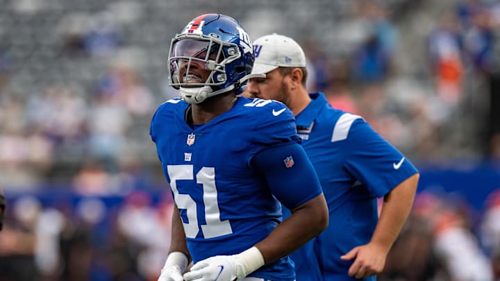 Aug 21, 2022; East Rutherford, New Jersey, USA; New York Giants linebacker Azeez Ojulari (51) warms up prior to the preseason game against the Cincinnati Bengals at MetLife Stadium.