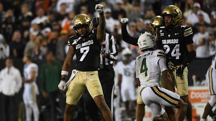 Sep 21, 2024; Boulder, Colorado, USA; Colorado Buffaloes safety Cam'Ron Silmon-Craig (7) celebrates after a defensive stop during the first half against the Baylor Bears at Folsom Field. Mandatory Credit: Christopher Hanewinckel-Imagn Images Sep 21, 2024; Boulder, Colorado, USA; Colorado Buffaloes safety Cam'Ron Silmon-Craig (7) celebrates after a defensive stop during the first half against the Baylor Bears at Folsom Field. Mandatory Credit: Christopher Hanewinckel-Imagn Images