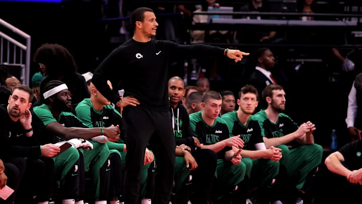Jan 3, 2025; Houston, Texas, USA; Boston Celtics head coach Joe Mazzulla on the sideline against the Houston Rockets during the first quarter at Toyota Center. Mandatory Credit: Erik Williams-Imagn Images