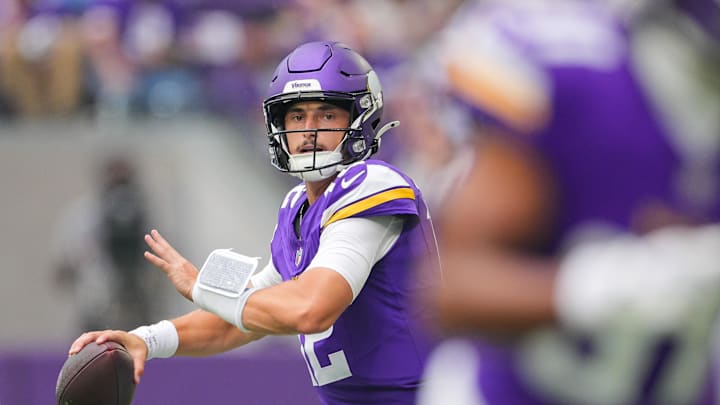Aug 16, 2025; Minneapolis, Minnesota, USA; Minnesota Vikings quarterback Max Brosmer (12) passes against the New England Patriots in the third quarter at U.S. Bank Stadium. Mandatory Credit: Brad Rempel-Imagn Images Aug 16, 2025; Minneapolis, Minnesota, USA; Minnesota Vikings quarterback Max Brosmer (12) passes against the New England Patriots in the third quarter at U.S. Bank Stadium. Mandatory Credit: Brad Rempel-Imagn Images