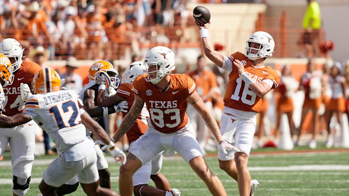 Sep 13, 2025; Austin, Texas, USA; Texas Longhorns quarterback Arch Manning (16) passes the ball during the first half against the Texas El Paso Miners at Darrell K Royal-Texas Memorial Stadium. Mandatory Credit: Scott Wachter-Imagn Images