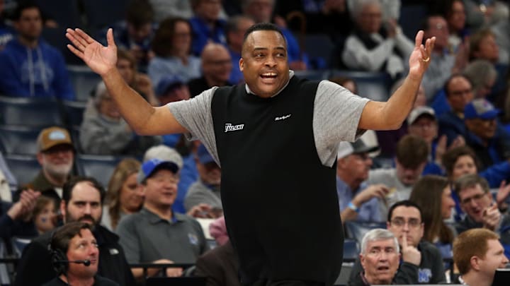 Feb 11, 2024; Memphis, Tennessee, USA; Tulane Green Wave head coach Ron Hunter reacts during the second half against the Memphis Tigers at FedExForum. Mandatory Credit: Petre Thomas-Imagn Images
