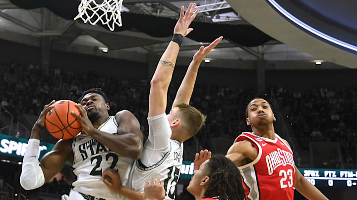 Feb 25, 2024; East Lansing, Michigan, USA;  Michigan State Spartans center Mady Sissoko (22) grabs a