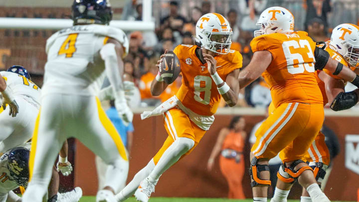 Tennessee quarterback Nico Iamaleava (8) runs with the ball during a NCAA game between Tennessee and Kent State in Neyland Stadium in Knoxville on Saturday, Sept. 14, 2024.