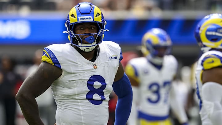 Sep 7, 2025; Inglewood, California, USA; Los Angeles Rams linebacker Jared Verse (8) wearing the NFL gold shield patch during the third quarter at SoFi Stadium. Sep 7, 2025; Inglewood, California, USA; Los Angeles Rams linebacker Jared Verse (8) wearing the NFL gold shield patch during the third quarter at SoFi Stadium.