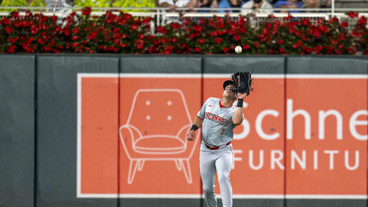Sep 13, 2024; Minneapolis, Minnesota, USA; Cincinnati Reds left fielder Spencer Steer (7) catches a fly ball against the Minnesota Twins in the fourth inning at Target Field. Mandatory Credit: Jesse Johnson-Imagn Images Sep 13, 2024; Minneapolis, Minnesota, USA; Cincinnati Reds left fielder Spencer Steer (7) catches a fly ball against the Minnesota Twins in the fourth inning at Target Field. Mandatory Credit: Jesse Johnson-Imagn Images