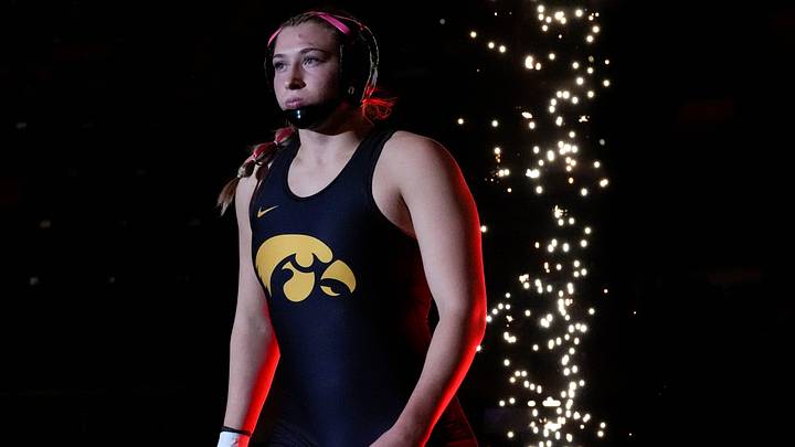 Iowa’s Kylie Welker takes the mat ahead of her 180-pound finals match during the National Collegiate Women’s Wrestling Championship Saturday, March 8, 2025 at Xtream Arena in Coralville, Iowa.