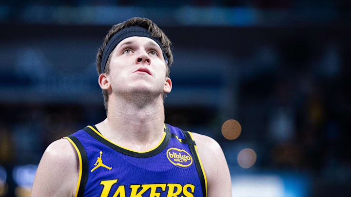 Mar 26, 2025; Indianapolis, Indiana, USA; Los Angeles Lakers guard Austin Reaves (15) in the second half against the Indiana Pacers at Gainbridge Fieldhouse. Mandatory Credit: Trevor Ruszkowski-Imagn Images