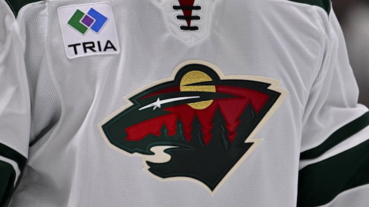 Sep 23, 2025; Dallas, Texas, USA; A view of the Minnesota Wild logo during the game between the Dallas Stars and the Minnesota Wild at American Airlines Center. Mandatory Credit: Jerome Miron-Imagn Images