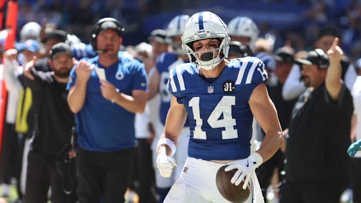 Sep 7, 2025; Indianapolis, Indiana, USA; Indianapolis Colts wide receiver Alec Pierce (14) celebrates after making a catch during the second half against the Miami Dolphins at Lucas Oil Stadium. Sep 7, 2025; Indianapolis, Indiana, USA; Indianapolis Colts wide receiver Alec Pierce (14) celebrates after making a catch during the second half against the Miami Dolphins at Lucas Oil Stadium.