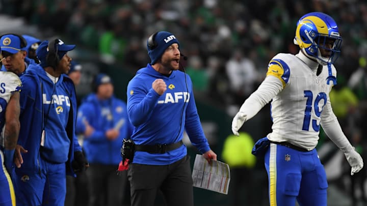 Jan 19, 2025; Philadelphia, Pennsylvania, USA; Los Angeles Rams head coach Sean McVay (center) reacts on the sidelines in the first half against the Philadelphia Eagles in a 2025 NFC divisional round game at Lincoln Financial Field. Mandatory Credit: Eric Hartline-Imagn Images