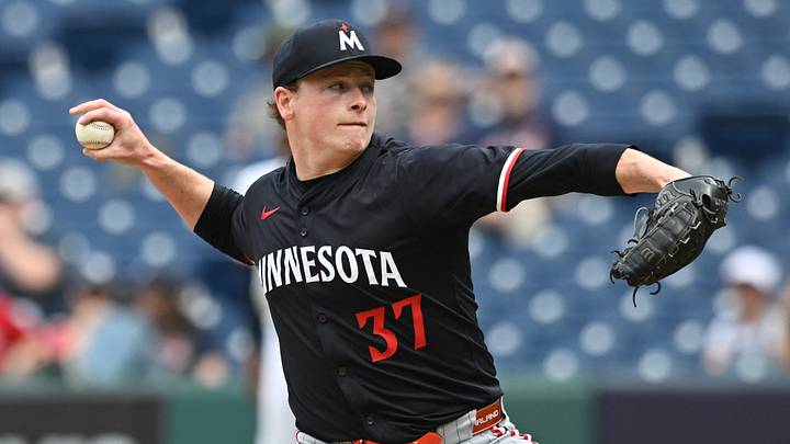 May 1, 2025; Cleveland, Ohio, USA; Minnesota Twins relief pitcher Louis Varland (37) throws a pitch during the seventh inning against the Cleveland Guardians at Progressive Field. Mandatory Credit: Ken Blaze-Imagn Images