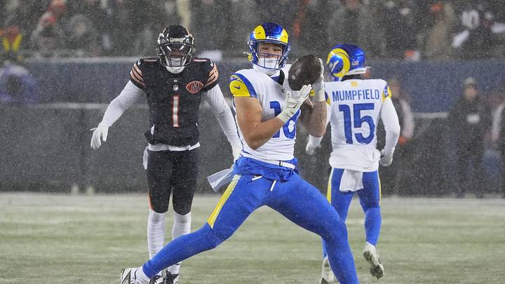 Jan 18, 2026; Chicago, IL, USA; Los Angeles Rams tight end Terrance Ferguson (18) catches a pass against Chicago Bears cornerback Jaylon Johnson (1) during the second quarter of an NFC Divisional Round game at Soldier Field. Mandatory Credit: David Banks-Imagn Images Jan 18, 2026; Chicago, IL, USA; Los Angeles Rams tight end Terrance Ferguson (18) catches a pass against Chicago Bears cornerback Jaylon Johnson (1) during the second quarter of an NFC Divisional Round game at Soldier Field. Mandatory Credit: David Banks-Imagn Images