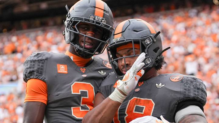 Tennessee wide receiver Radarious Jackson (3) and running back DeSean Bishop (18) celebrate after Bishop scored a touchdown during the college football game against Auburn on Oct. 3, 2026, in Knoxville, Tennessee. Tennessee wide receiver Radarious Jackson (3) and running back DeSean Bishop (18) celebrate after Bishop scored a touchdown during the college football game against Auburn on Oct. 3, 2026, in Knoxville, Tennessee.