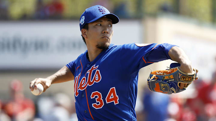 Mar 5, 2023; Jupiter, Florida, USA; New York Mets starting pitcher Kodai Senga (34) pitches against