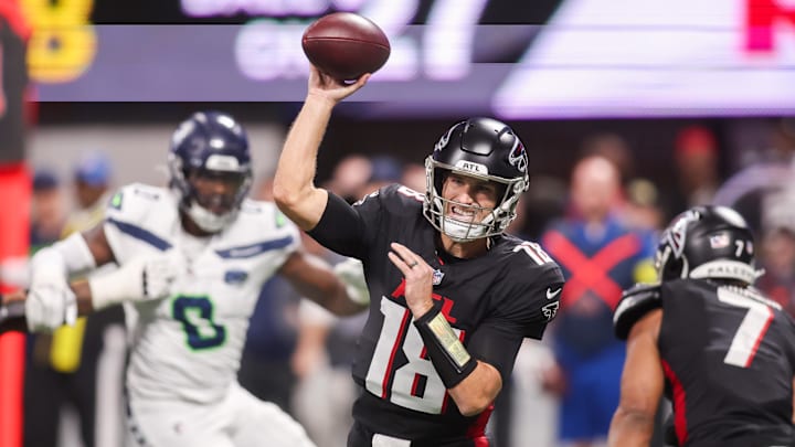 Dec 7, 2025; Atlanta, Georgia, USA; Atlanta Falcons quarterback Kirk Cousins (18) throws a pass against the Seattle Seahawks in the second quarter at Mercedes-Benz Stadium. Mandatory Credit: Brett Davis-Imagn Images
