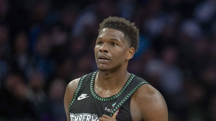 Mar 3, 2026; Minneapolis, Minnesota, USA; Minnesota Timberwolves guard Anthony Edwards (5) and guard Donte DiVincenzo (0) in the second half against the Memphis Grizzlies at Target Center. Mandatory Credit: Jesse Johnson-Imagn Images