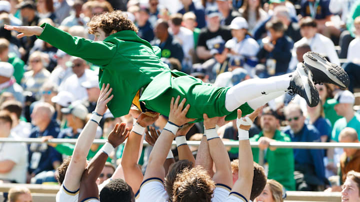 The Notre Dame Leprechaun is thrown into the air after a touchdown during the Notre Dame Blue-Gold spring football game at Notre Dame Stadium on Saturday, April 12, 2025, in South Bend.