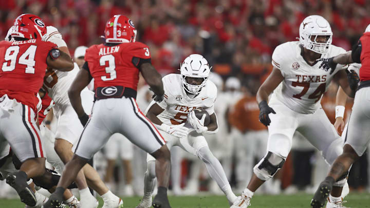 Nov 15, 2025; Athens, Georgia, USA; Texas Longhorns running back Quintrevion Wisner (5) runs the ball in the first half agains the Georgia Bulldogs at Sanford Stadium. Mandatory Credit: Brett Davis-Imagn Images
