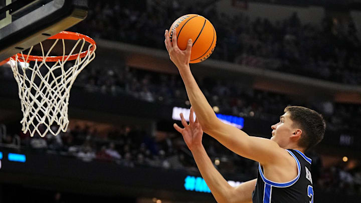 Mar 27, 2025; Newark, NJ, USA; Brigham Young Cougars guard Egor Demin (3) shoots the ball during the second half against the Alabama Crimson Tide during an East Regional semifinal of the 2025 NCAA tournament at Prudential Center. Mar 27, 2025; Newark, NJ, USA; Brigham Young Cougars guard Egor Demin (3) shoots the ball during the second half against the Alabama Crimson Tide during an East Regional semifinal of the 2025 NCAA tournament at Prudential Center.