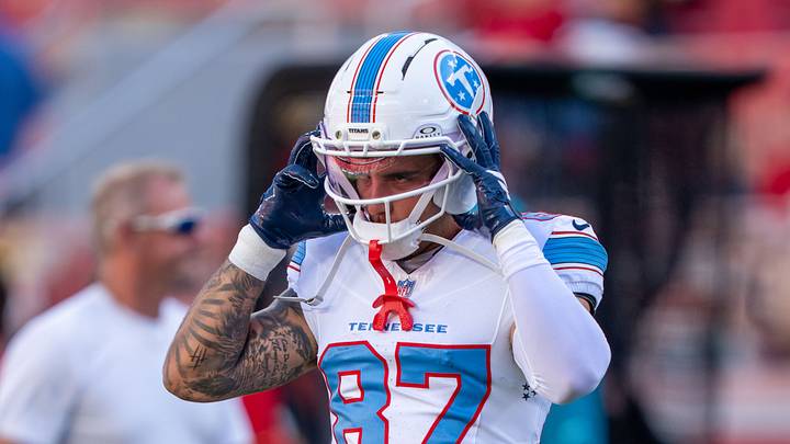 August 13, 2026; Santa Clara, California, USA; Tennessee Titans wide receiver Xavier Restrepo (87) warms up before the game against the San Francisco 49ers at Levi's Stadium. Mandatory Credit: Kyle Terada-Imagn Images August 13, 2026; Santa Clara, California, USA; Tennessee Titans wide receiver Xavier Restrepo (87) warms up before the game against the San Francisco 49ers at Levi's Stadium. Mandatory Credit: Kyle Terada-Imagn Images