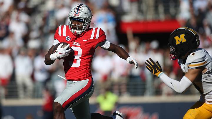 Oct 17, 2026; Oxford, Mississippi, USA; Mississippi Rebels wide receiver Caleb Cunningham (3) carries the ball as Mississippi Rebels linebacker Suntarine Perkins (4) pursues during the first half at Vaught-Hemingway Stadium. Mandatory Credit: Petre Thomas-Imagn Images Oct 17, 2026; Oxford, Mississippi, USA; Mississippi Rebels wide receiver Caleb Cunningham (3) carries the ball as Mississippi Rebels linebacker Suntarine Perkins (4) pursues during the first half at Vaught-Hemingway Stadium. Mandatory Credit: Petre Thomas-Imagn Images