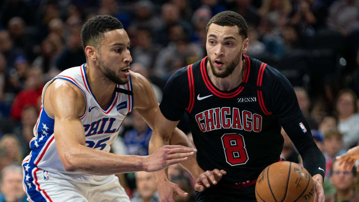 Feb 9, 2020; Philadelphia, Pennsylvania, USA; Chicago Bulls guard Zach LaVine (8) dribbles the ball against Philadelphia 76ers guard Ben Simmons (25) during the first quarter at Wells Fargo Center. Mandatory Credit: Bill Streicher-USA TODAY Sports