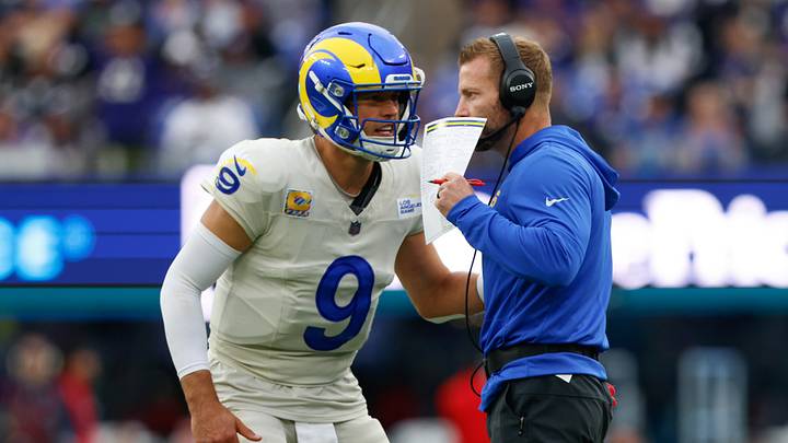 Los Angeles Rams quarterback Matthew Stafford (9) speaks with head coach Sean McVay. Los Angeles Rams quarterback Matthew Stafford (9) speaks with head coach Sean McVay.