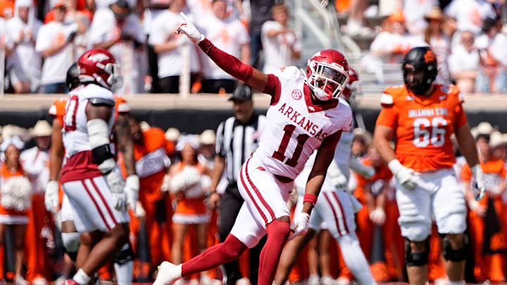 Arkansas' Jaylon Braxton (11) celebrates a defensive play in the first half of the college football game between the Oklahoma State Cowboys and the Arkansas Razorbacks at Boone Pickens Stadium in Stillwater, Okla.,, Saturday, Sept., 7, 2024.